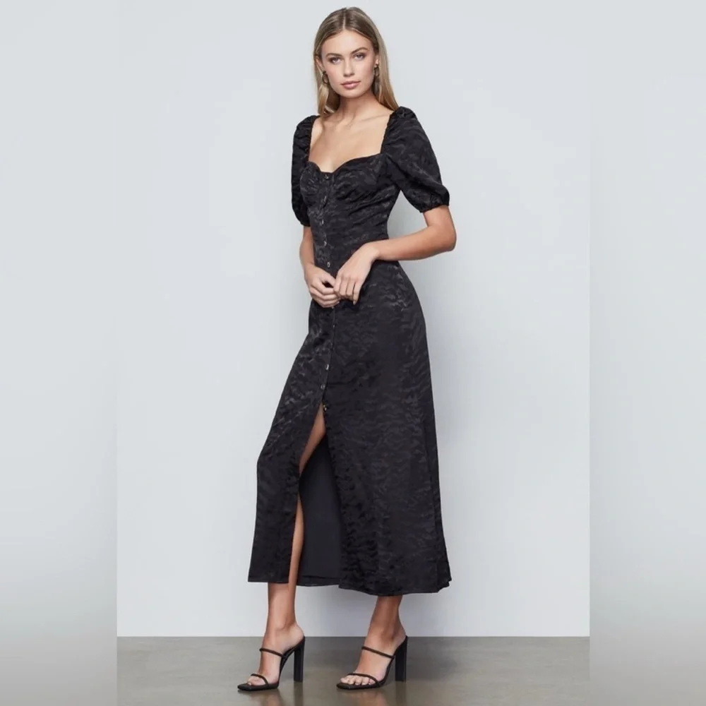 Good American Black Animal Print Button Front Puff Sleeve Corset Maxi Dress M